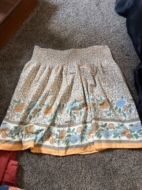 SHEIN Cream Floral Border Smocked Mini Skirt with Orange & Blue Flowers